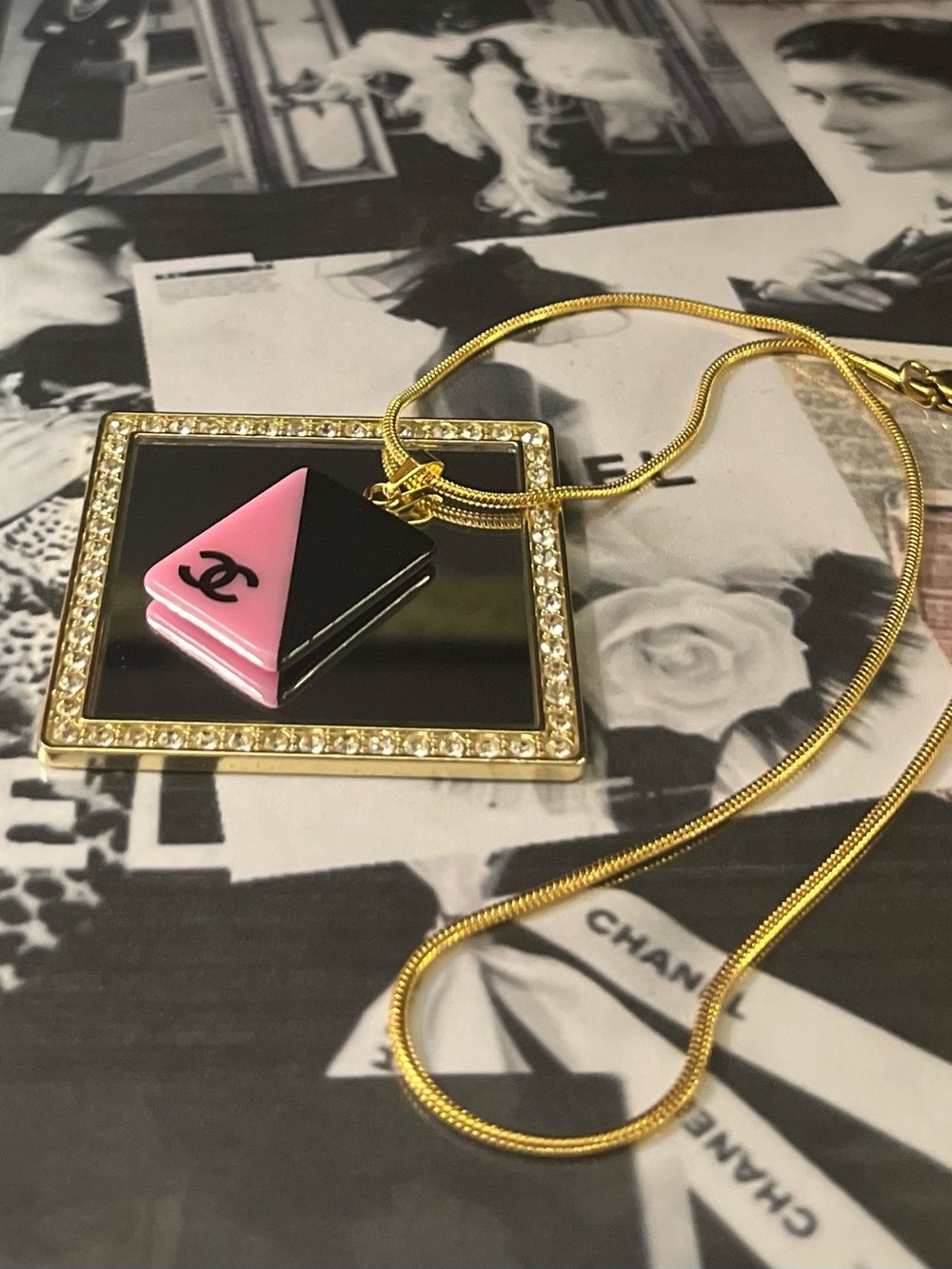 CHANEL acrylic Black & Pink Geometric Pendant Necklace with gold chain.
